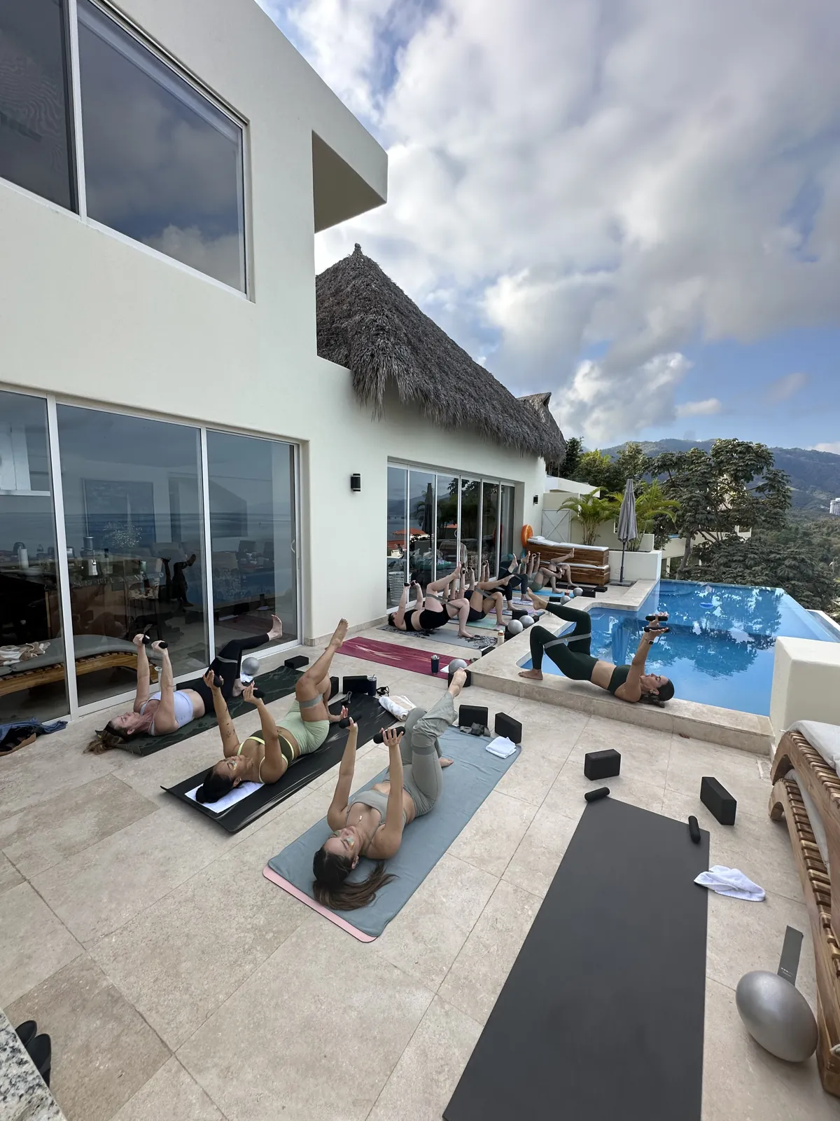 Morning practice on the terrace above the pool
